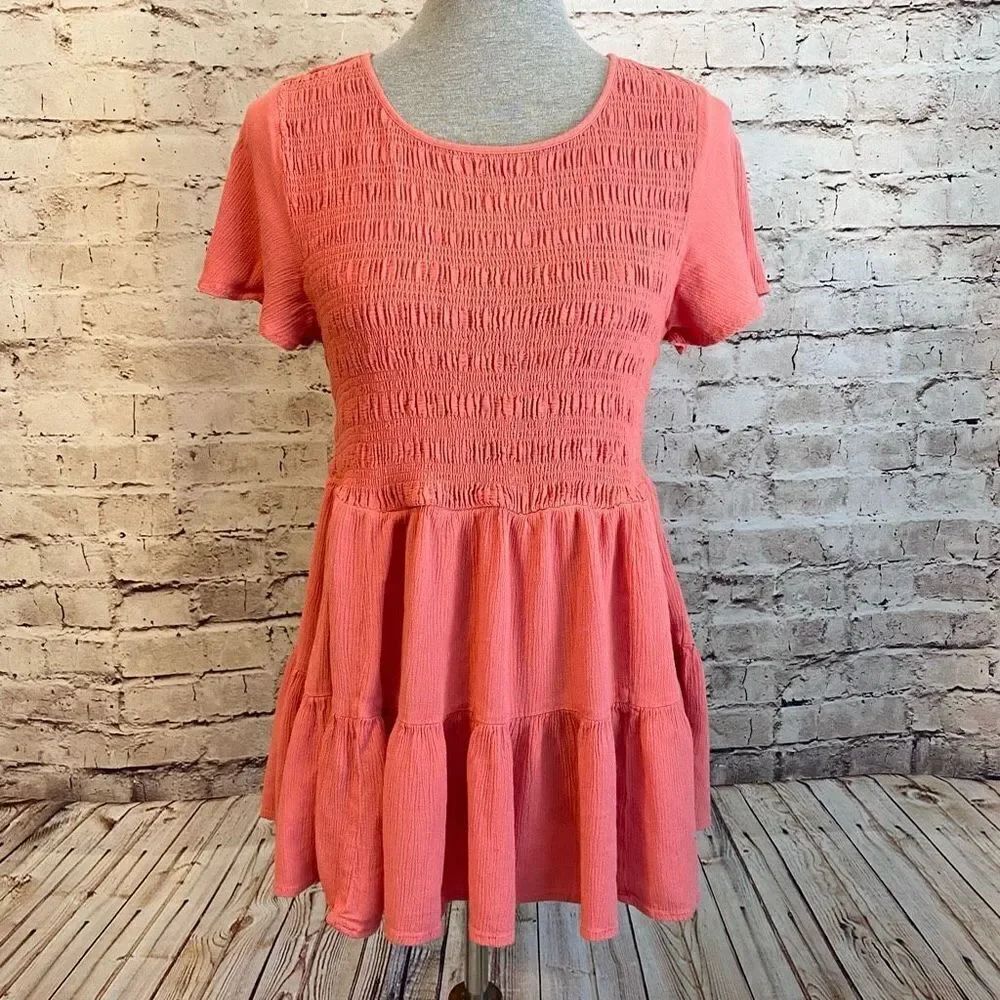 Torrid Tiered Coral Orange Blouse Short Sleeve Bubble Stretchy Rayon Flowy 1